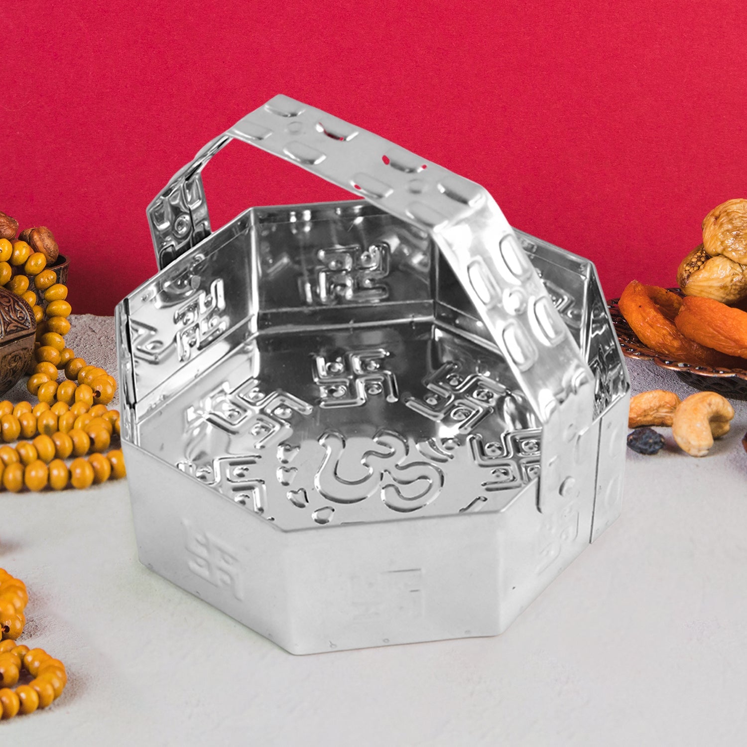 Traditional Stainless Steel Octagon Pooja Basket 1 Pc with Handle Traditional Stainless Steel Octagon Pooja Basket 1 Pc with Handle